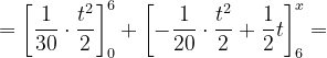 \dpi{120} =\left [ \frac{1}{30}\cdot \frac{t^{2}}{2} \right ]_{0}^{6}+\left [ -\frac{1}{20}\cdot \frac{t^{2}}{2}+\frac{1}{2}t \right ]_{6}^{x}=
